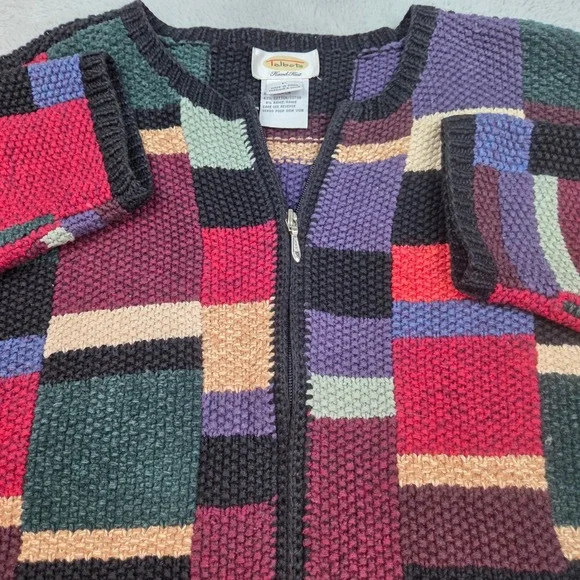 VTG Talbots Linen Blend Patchwork Zip Cardigan Womens Large Hand Knit Multicolor - Picture 1 of 7